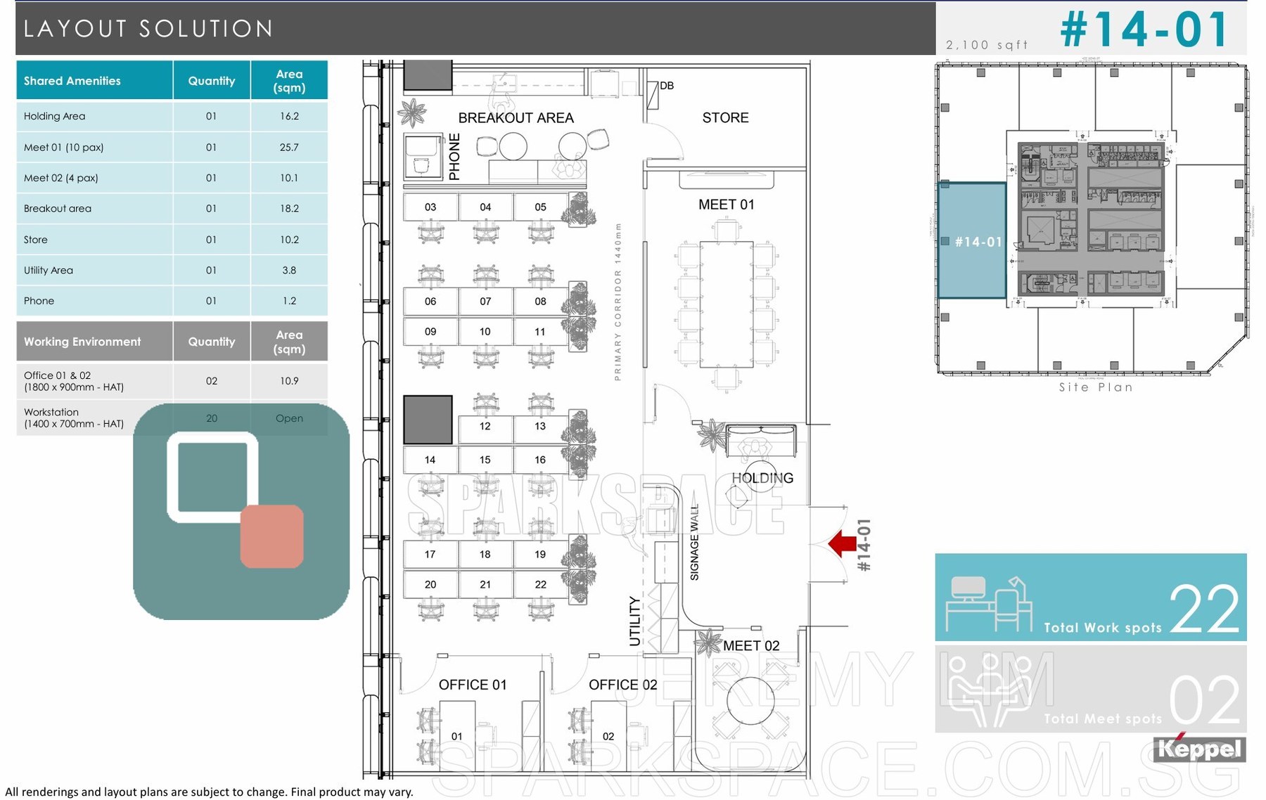 Floor plan of fitted office unit 14-01 at Keppel South Central, 2,100 sf