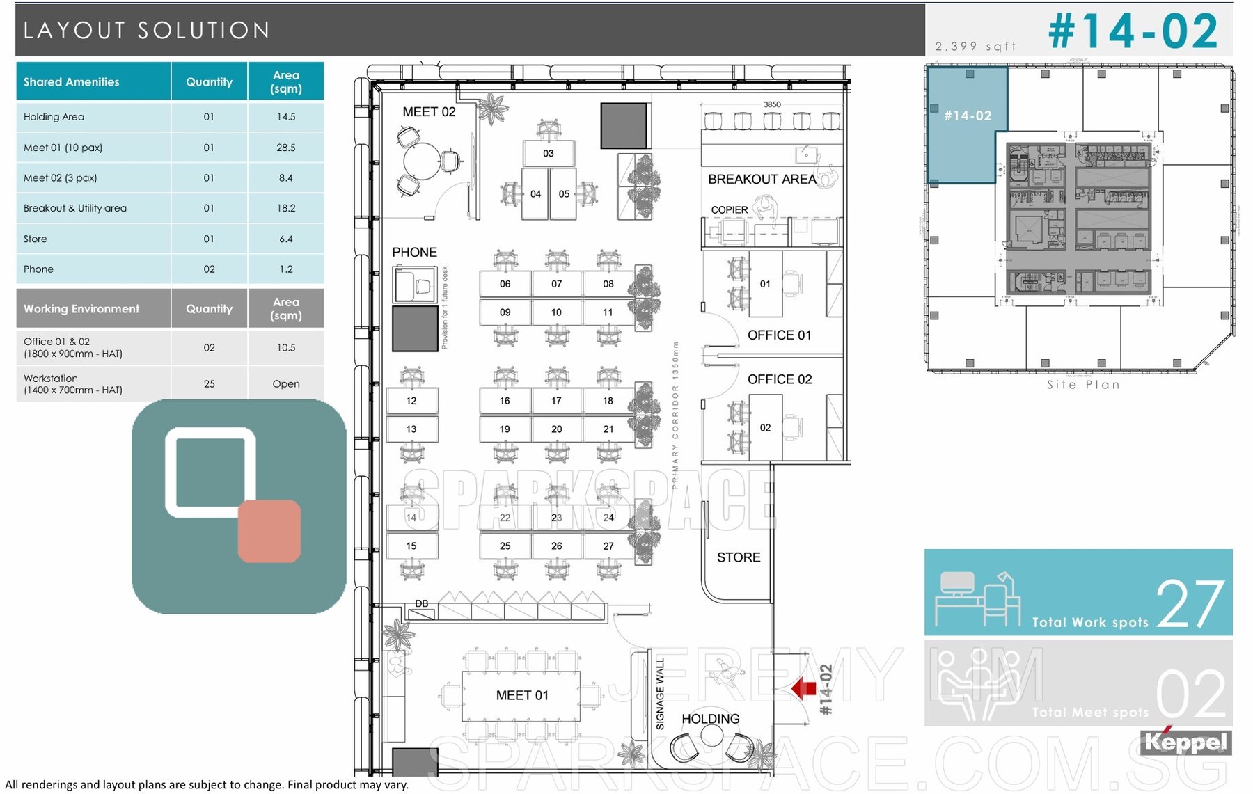Floor plan of fitted office unit 14-02 at Keppel South Central, 2,399 sf