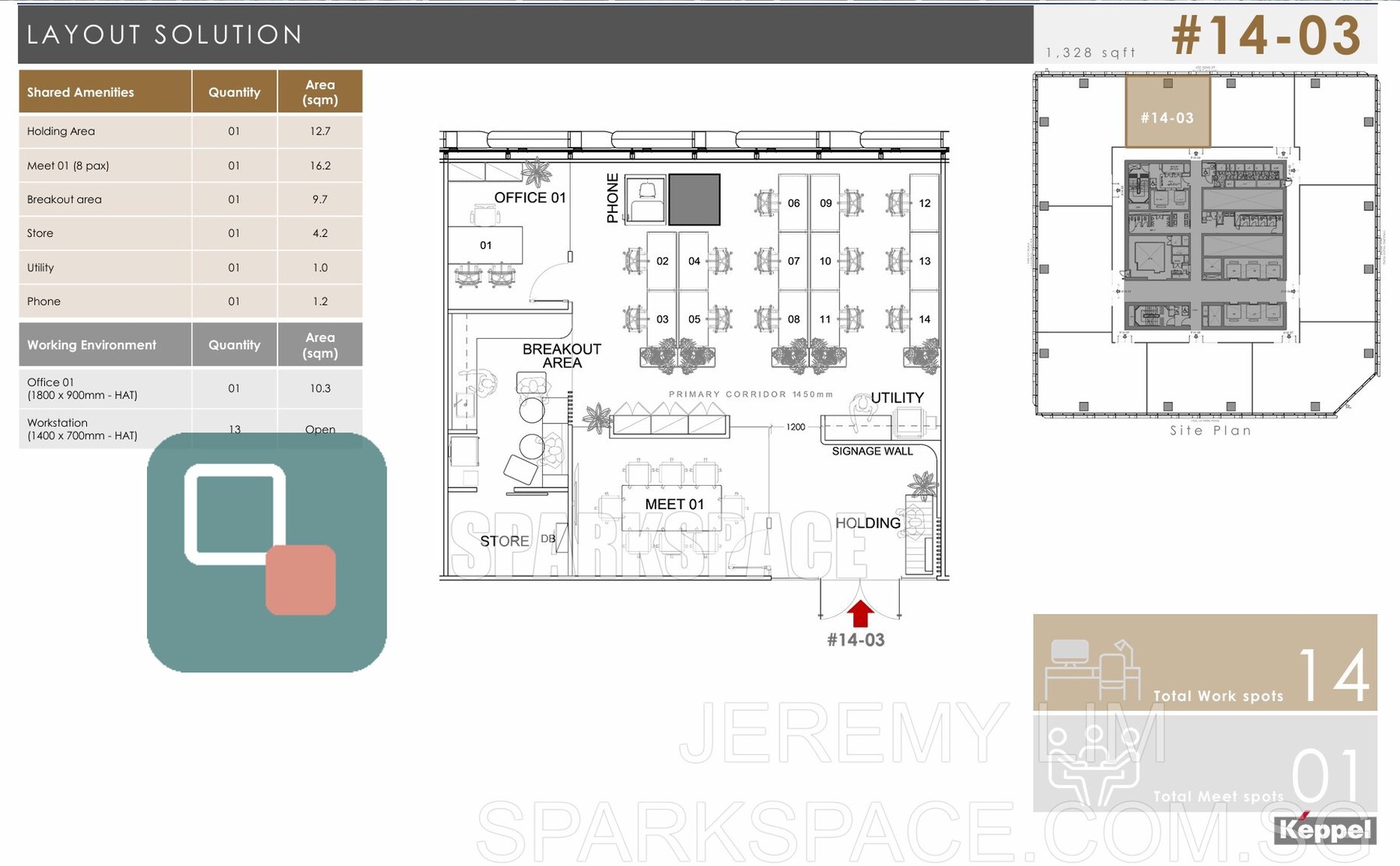 Floor plan of fitted office unit 14-03 at Keppel South Central, 1,328 sf