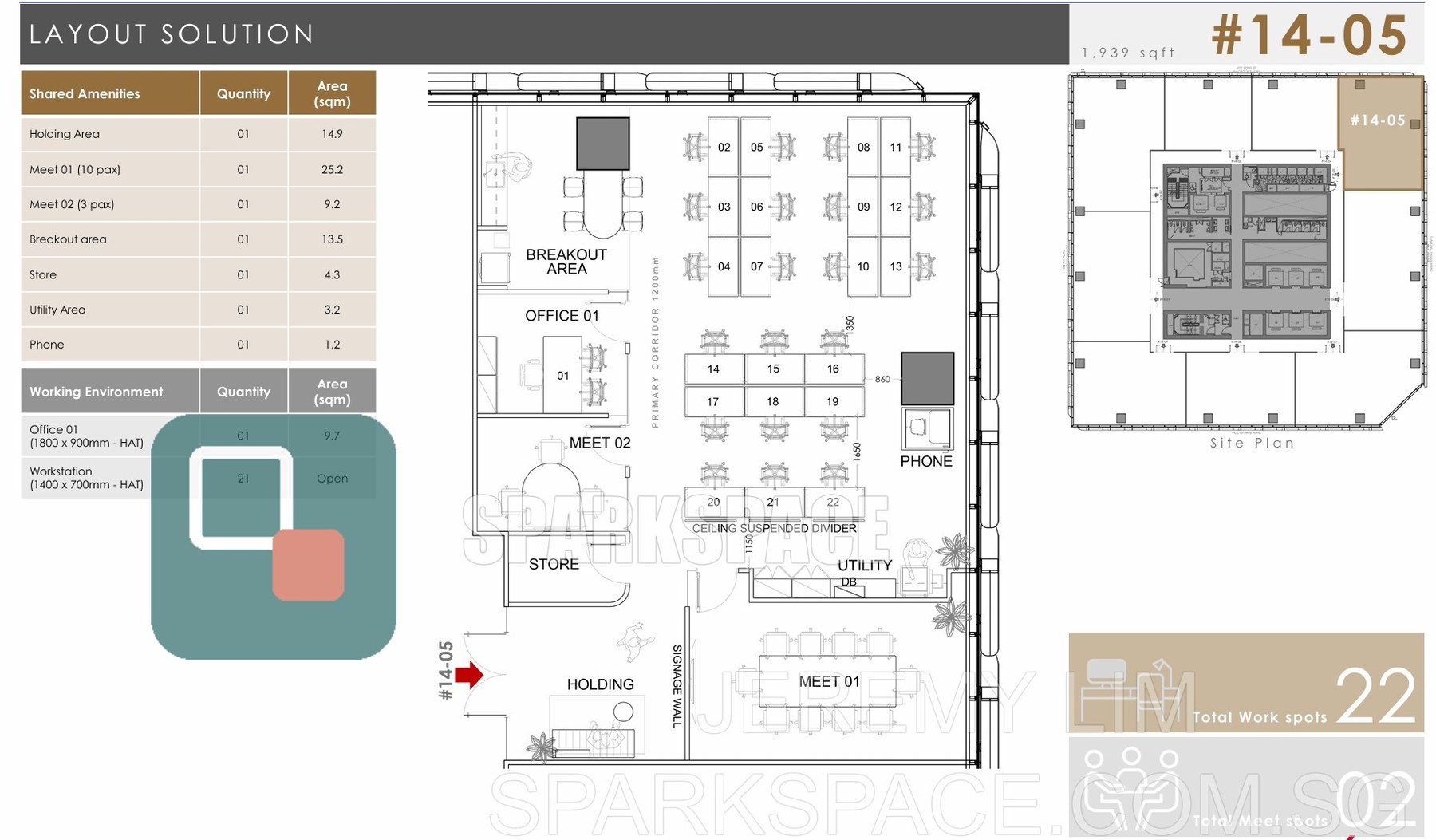 Floor plan of fitted office unit 14-05 at Keppel South Central, 1,939 sf