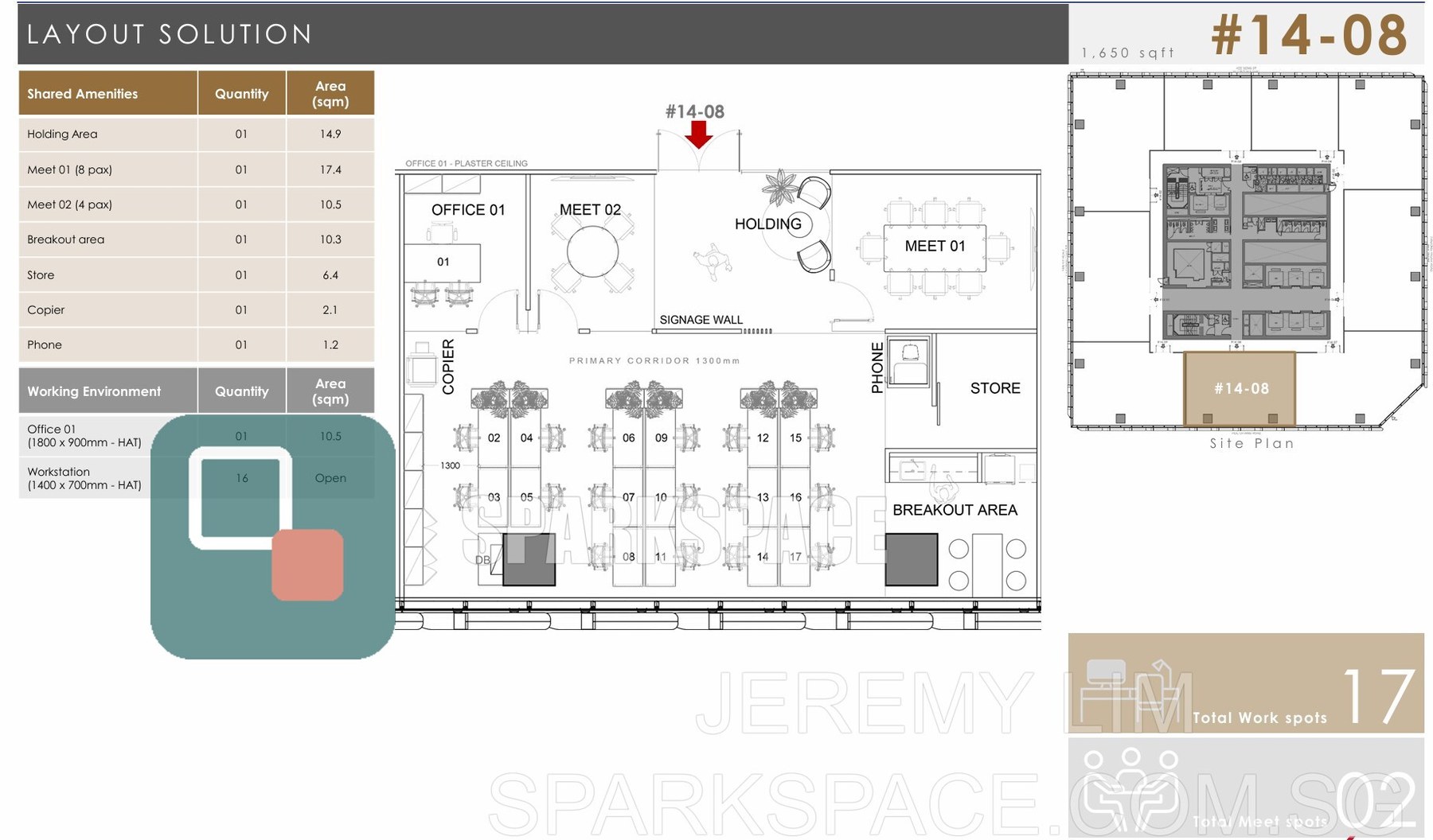 Floor plan of fitted office unit 14-08 at Keppel South Central, 1,650 sf