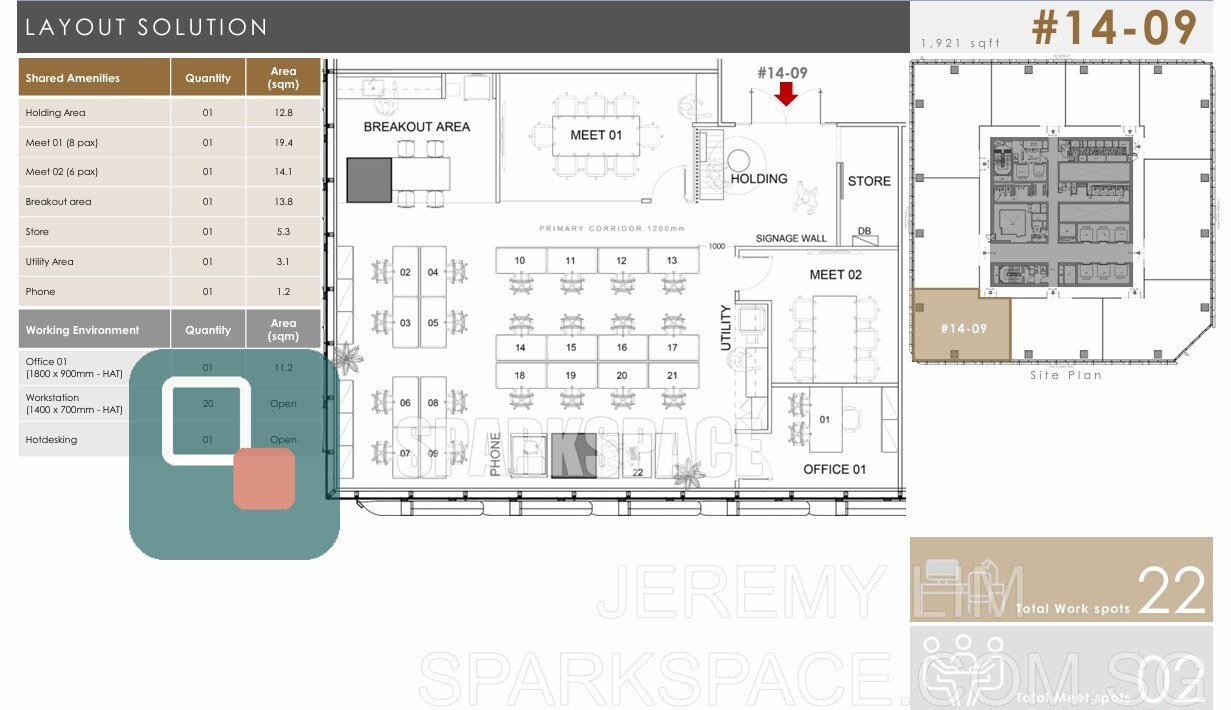 Floor plan of fitted office unit 14-09 at Keppel South Central, 1,921 sf