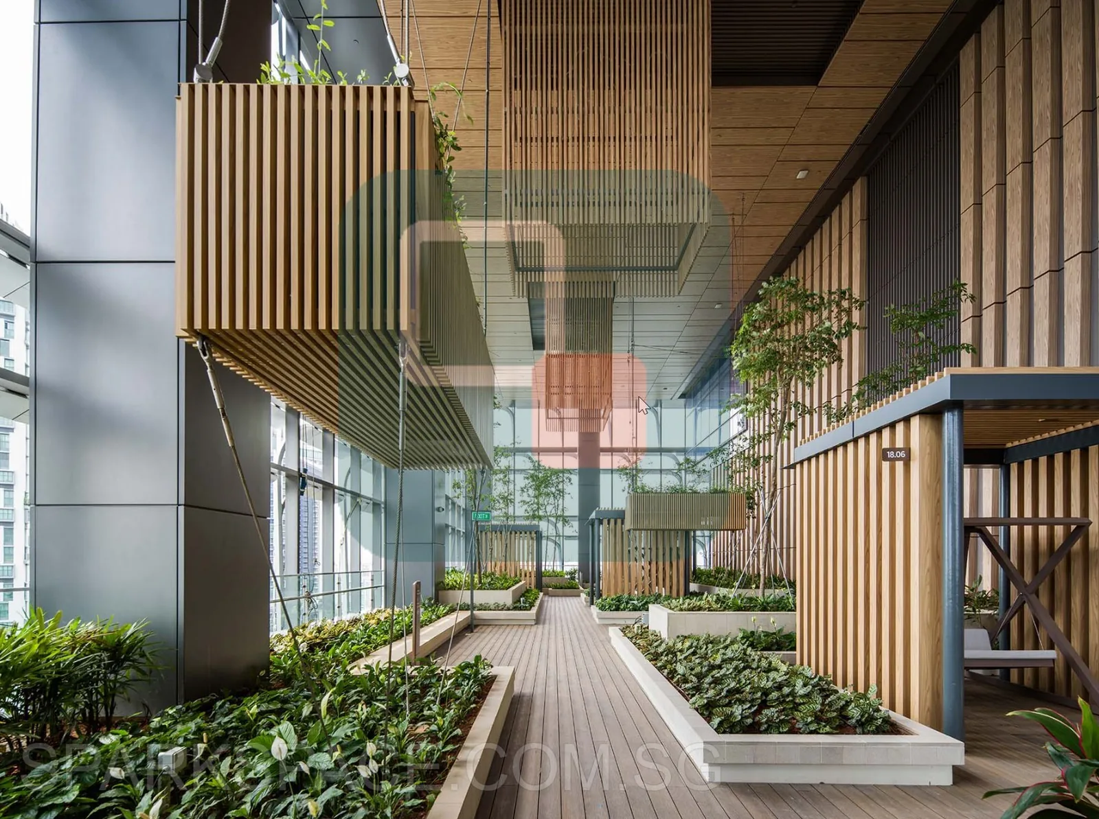 Landscaped sky terrace walkway with planting at Keppel South Central