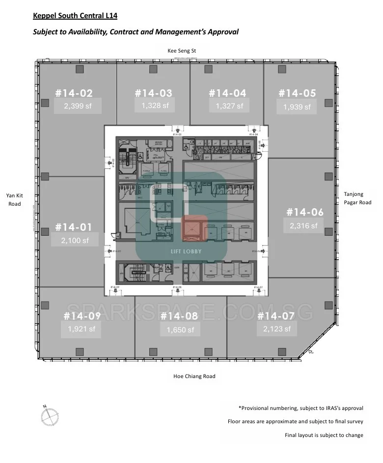 Keppel South Central Level 14 floor plan showing nine fitted office units