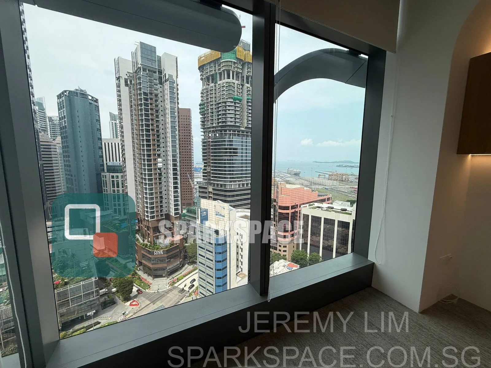 Floor-to-ceiling office window with Tanjong Pagar and harbour views at Keppel South Central